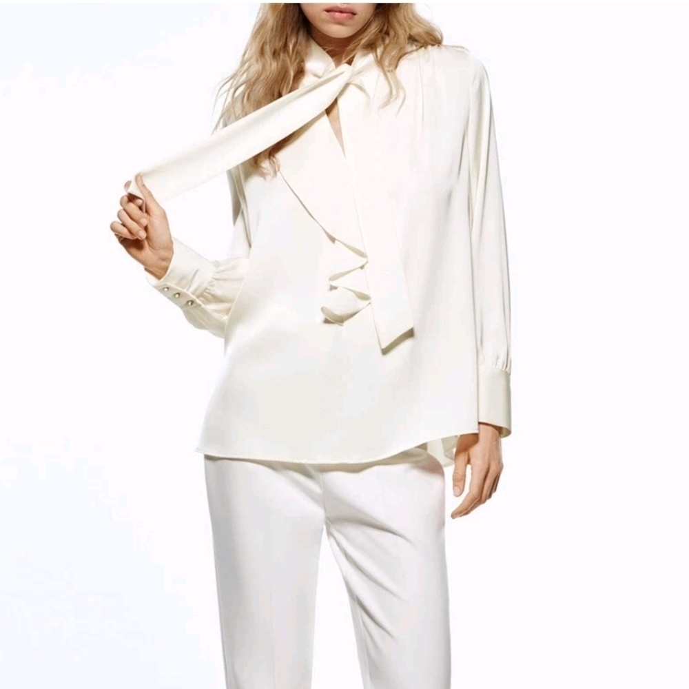 ZARA bow Trim satin  effect blouse  Butter Yellow Size S Style 4387/043